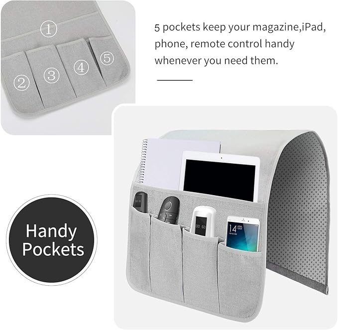 Sofa Armrest Organizer, Remote Control Holder for Recliner Couch, Arm Chair Caddy with 6 Pockets for Magazine, Tablet, Phone, iPad (Silver Gray, W13'' x L33'')
