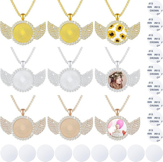 9 Pieces Sublimation Blank Necklace with Chain Set Blank Necklace Rhinestone Wing Shape Bezel Pendant Tray, 25 mm Sublimation Sheet, Double Sided Tape for DIY (Round Shape Style)