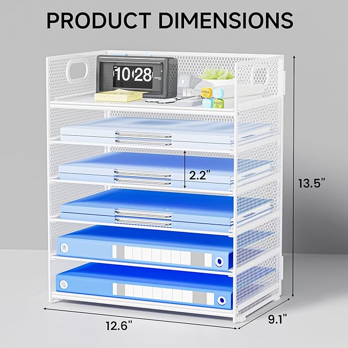 Paper Organizer for Desk with Handle, 6-Tier Metal Mesh File Organizer | Stackable Letter Tray for Office Documents & Stationery Storage