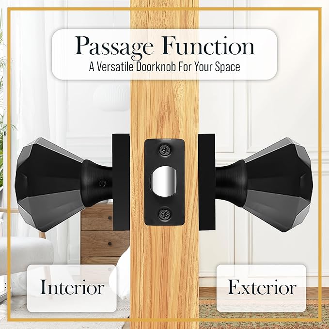 Black Crystal Door Knob, Square Base, Glass Door Knobs Interior Non-Locking Set, Antique Decorative Vintage Style for Hallway, Closet, Passage Doors, 1 Pack