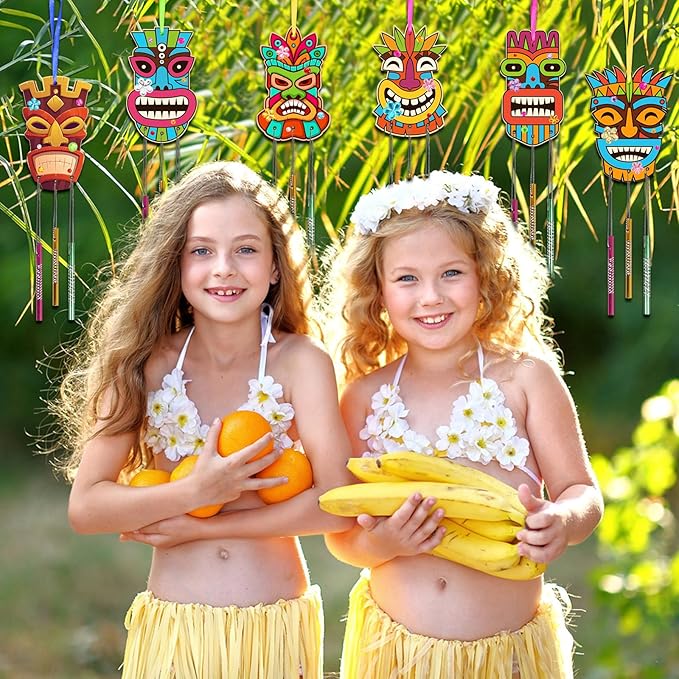Fennoral 9 Pack Wind Chime Kit for Kids Make Your Own Tiki Wind Chime Wooden Arts and Crafts for Girls Boys DIY Coloring Hawaii Craft for Hawaii Summer Aloha Party Supplies Luau Party Decoration