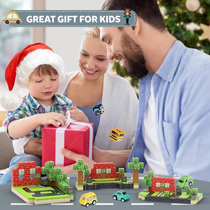 Magnetic Blocks 110PCS with 5 Car Toys, City Building Blocks Set, Toys for Boys & Girls Age 4-6, 6-8, Stacking Building Toys for Toddlers Sensory Toy for Kids 3+