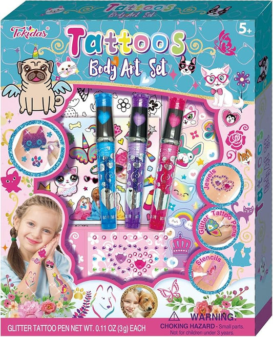 Kids Makeup Set Glitz Fun Tattoo DIY Set Glitter Tattoo Sets Playing Sticker Stencil Set Kids Toys for Birthday Gifts