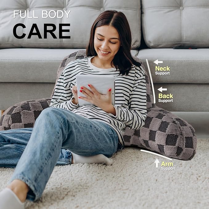Aimuan Reading Pillow Checkered Bed Rest Wedge Backrest Checkerboard Pillow with Arms Back Support for Sitting Up in Bed Cushion Incline Rest Sleeping Snoring Pillow (Dark Grey,Large)