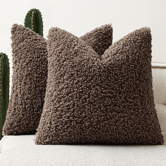Woaboy Faux Fur Throw Pillow Covers 20x20 Inch Set of 2 Boucle Neutral Decorative Sherpa Fuzzy Accent Soft Sheepskin Fleece Cushions Modern Home Decor for Couch Sofa Bedroom Living Room,Chocolate