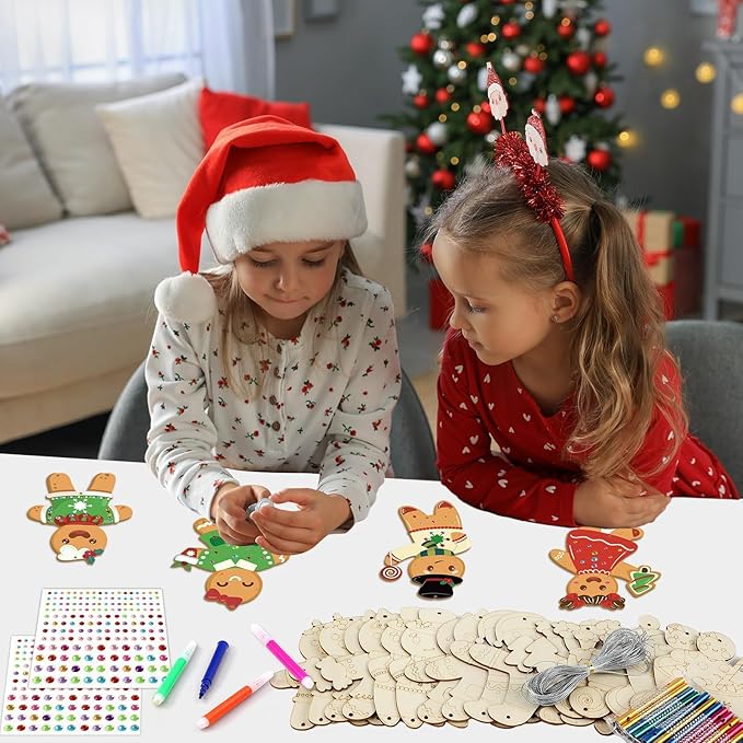 gisgfim 16 Pack Christmas Gingerbread Man Wind Chime Kits Crafts for Kids Make Your Own Wind Chime Wooden DIY Coloring Art Craft for Xmas Party School Classroom Decorations Supplies Birthday Favors