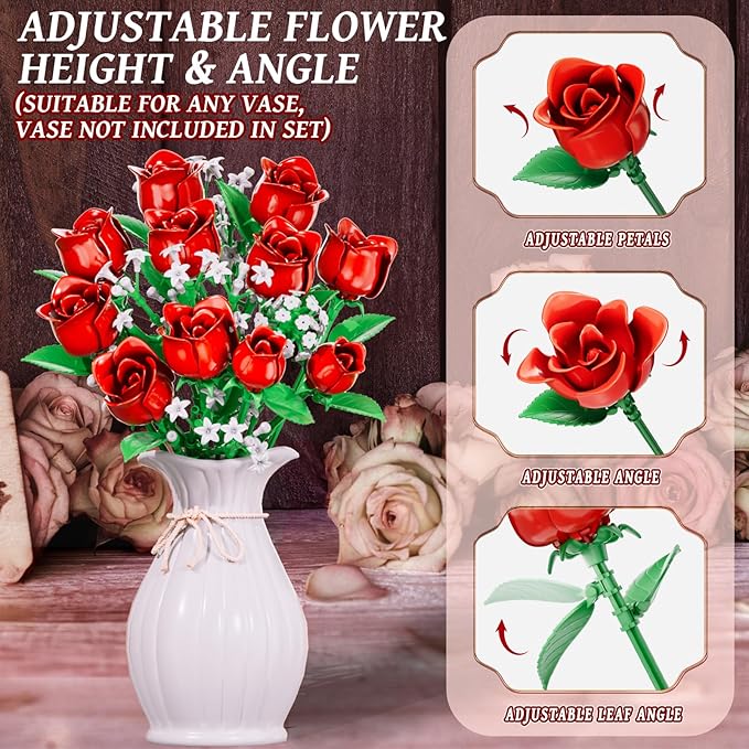 Red Rose Flowers Bouquet Building Set, Flower Plants for Botanical Collection and Decorative Home Table Art Forever Rose Toy, Valentine's DIY Gift for Women Girls Adults 6+, No Vase