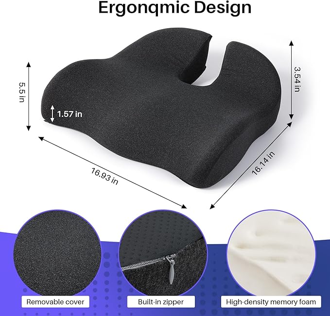 Seat Cushion for Office Chair, Large Thick Seat Cushion for Tailbone Pain Relief, Sciatica & Back Support, Memory Foam Office Chair Cushion for Long Sitting, Coccyx Cushion for Car, Wheelchair