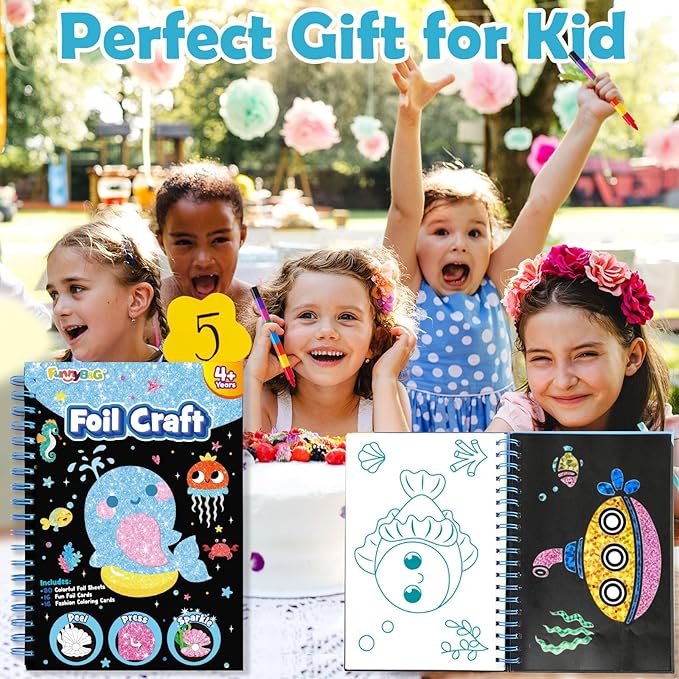 Foil Art Craft Activity for Kids: Fun DIY Toy Sticker Kit, No Mess Creative Travel Supply Set, Idea Birthday Easter Basket Stuffers Valentines Gift for Girl Boy Toddler 4 5 6 7 8 9 Year Old (Ocean)