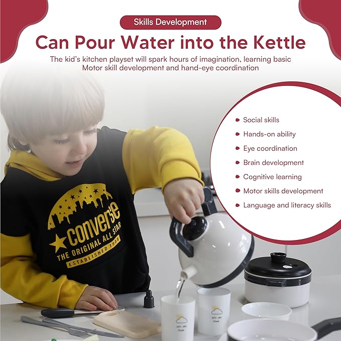 Kids Kitchen Playset - Realistic Steaming Pan, Pretend Stove Toy Set with Play Kitchen Accessories - With Fruits, Vegetables, Kettle, Frying Pan, Cook Pot, Pressure Cooker - For Children Ages 3+ Years