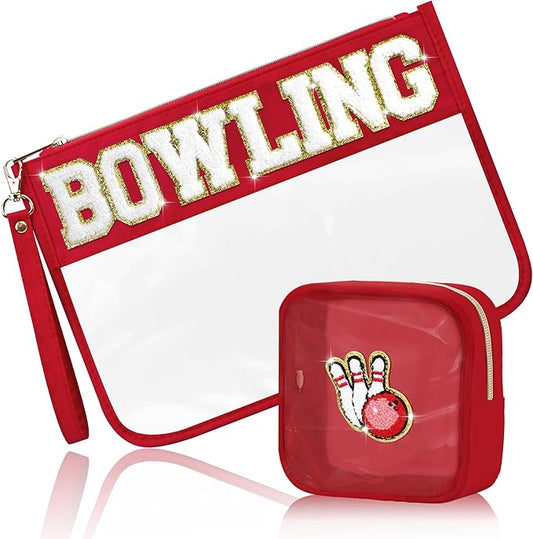 BuyCard 2 Pcs Bowling Gifts Makeup Bag with Chenille Letter Patch, Clear Cosmetic Pouch PVC Organizer Purse, Waterproof Travel Bag, Portable Toiletry Storage Bag for Her Girls Friends Women