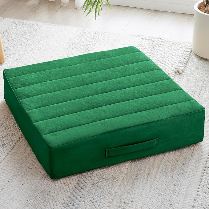 22 inches Floor Pillow for Adults - Large Meditation Cushion with Thick Foam - Premium Outdoor Square Floor Cushion Seat - Yoga Pillow for Sitting On Floor - Green