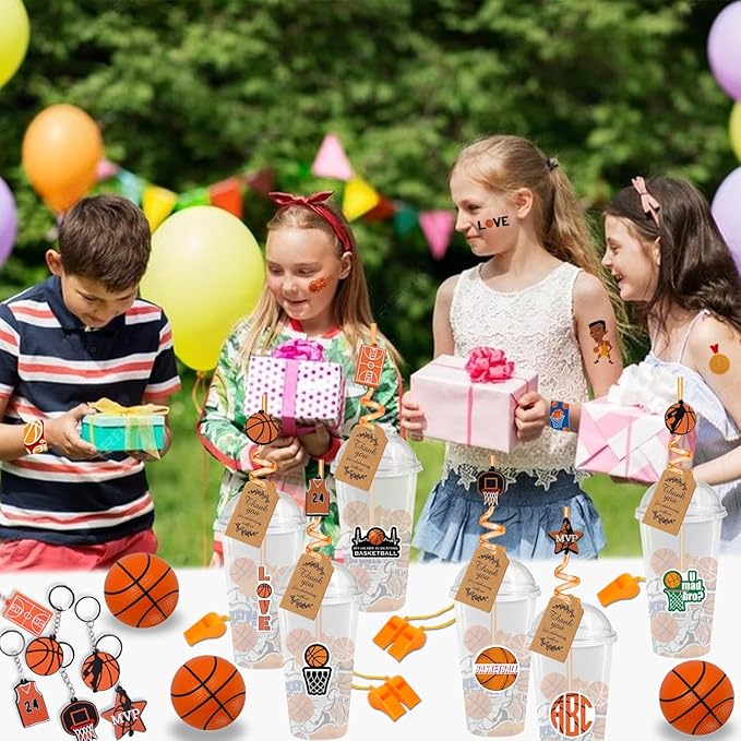 Basketball Party Favors, 172 pcs Birthday Party Supplies contains Cups, Straws, Whistles, Bracelets, Keychains, Stickers, Soft Balls, Tatoo Stickers, Thank You Tags for Sport Themed Birthday Decors