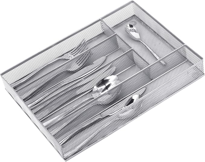 Neudeco Silverware Drawer Organizer Holder, Cutlery Tray Silverware Flatware Storage Divider for Kitchen, Bedroom, Living Room,Mesh Wire with Non-slip foam Feet, 5 Compoment（ Silver）