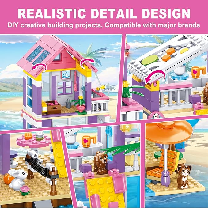 955 Piece Beach House Building Set,Seaside Beach Villa Building Toys Friends Vacation Hut Blocks Set,STEM BuildingToys with Helicopter,Yacht,Sailboat,Christmas Birthday Gift for Girl Age 6-12+