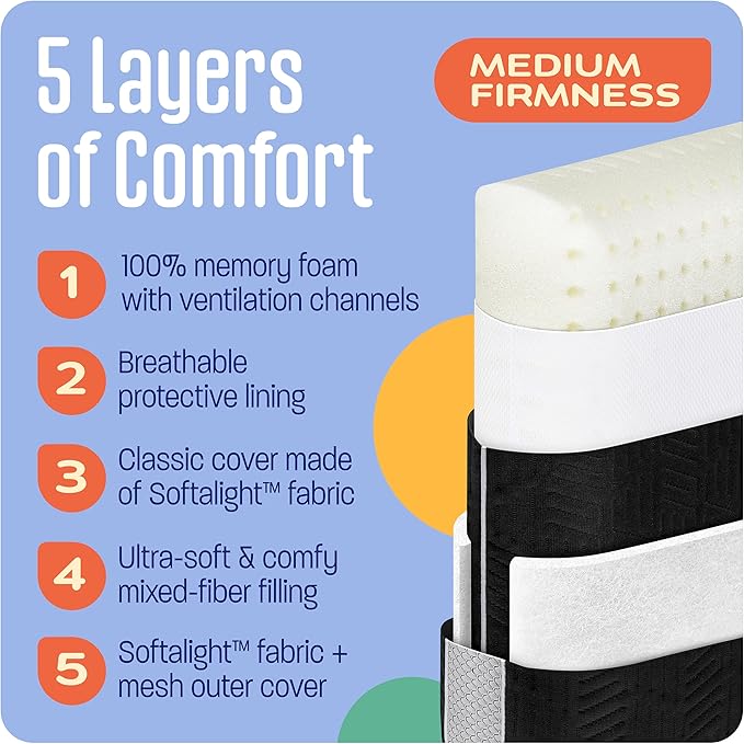 TCOMF Kids Camping Pillow: Dual-Cover Memory Foam Small Pillow; Medium-Firm Camp Pillow | Mini Pillow w/ 5 Layers for Comfort and Support; Small Travel Pillow/Compact Pillow 10x16 Inches (Black)