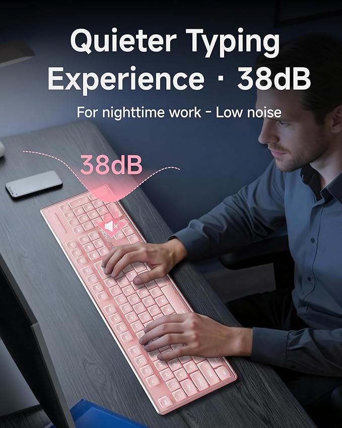 EWEADN GX710S Backlit Computer Keyboards, Wired USB Keyboard with White Backlit, Metal Panel, Plug and Play, Pudding Keycaps Full Size Quite Computer Keyboard for Win/PC/Laptop-Pink