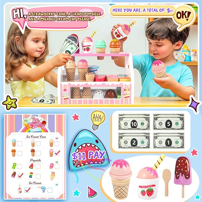 Ice Cream Toy, Wooden Ice Cream Toys for Kids Toddlers, Pretend Play Kitchen Food Toys, Ice Cream Counter Shop Playset for Kids, Kids Ice Cream Cart, Toys for 3 4 5 6 7 8 Year Old Girls Boys