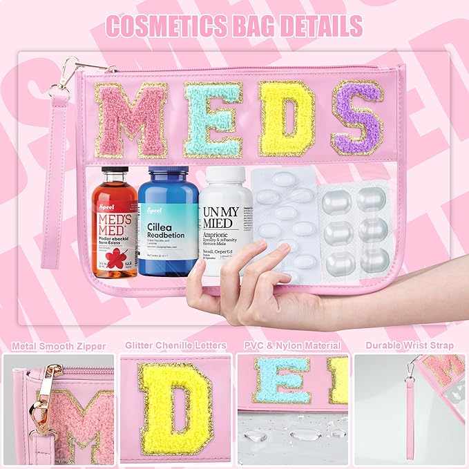 BuyCard Chenille Letter Clear Medicine Bags, Makeup Meds Bags, Preppy Patch Cosmetic Bag with Zipper&Wristlet, Waterproof PU&PVC Toiletry Medicine Storage Case, Portable Travel Drugs Pills Pouch Pink