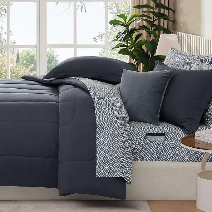 Monbix Queen Comforter Set - 7 Pieces Blue Grey Bed in a Bag Queen Track Stitching Bedding Sets, All Seasons Comforter Bed Set with Sheets, Pillowcases & Shams