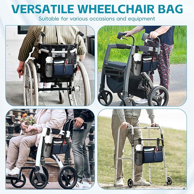 Wheelchair Bag with Cup Holder, Wheelchair Accessories Armrest Side Bag Multi Pockets Pouch for Electric Wheelchairs, Walker, Rollators & Mobility Scooters, Adults, Seniors, Navy Blue