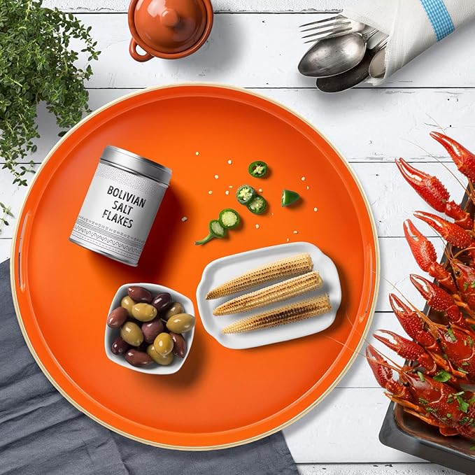 Omuriko Orange Round Decorative Tray with Handles, 13" Versatile Serving Tray for Coffee Table, Ottoman, Ideal for Serving, Displaying, Organizing