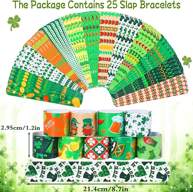 JUNEBRUSHS 50Pcs St Patricks Day Party Favors Slap Bracelets Rubber Bracelets, Assorted Silicone Wristbands Snap Bracelets for Kids St Patricks Day Classroom Gifts St Patricks Day Goodie Bag Stuffers