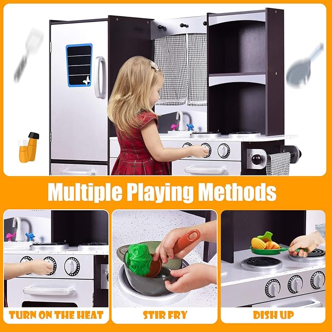 ARLIME Kids Kitchen Playset, Wooden Toy Toddler Kitchen w/Sink, Stovetop, Microwave, Refrigerator, Large Cabinets, Pretend Play Kitchen for Boys Girls