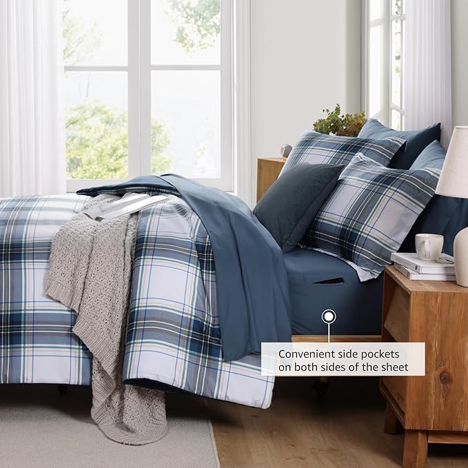 MaiRêve Full Size Plaid Comforter Set Blue White, Classic 7 Pieces Farmhouse Bedding Set, All Season Lightweight Bed in A Bag with Sheets, Pillowcases & Shams