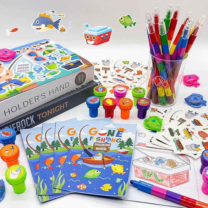 72 Pcs Gone Fishing Party Coloring Book with Crayons Bulk,Summer Fishing Party Favors Goodie Bags Fillers,Little Fisherman Birthday Party Supplies Face Stickers Tattoo Prizes Gift for Summer Party
