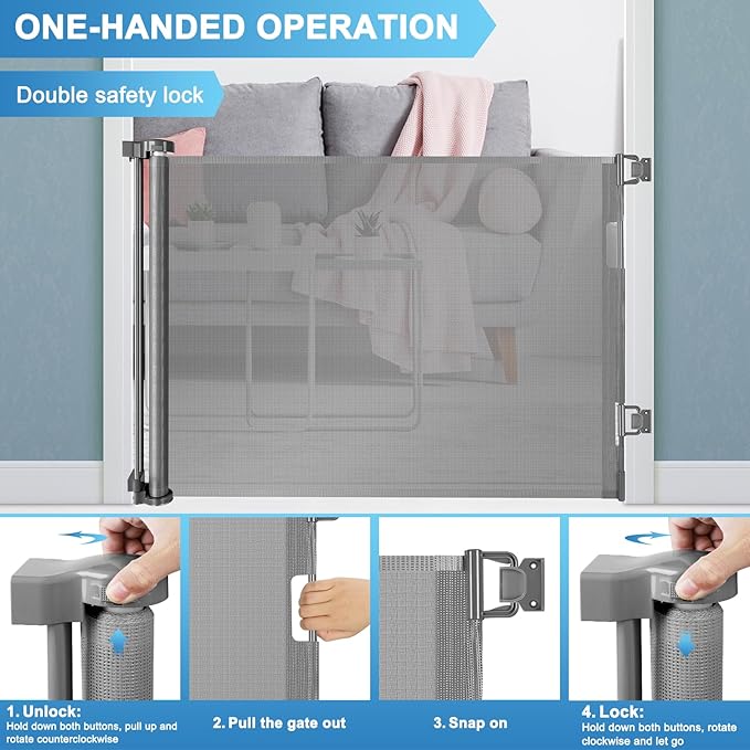 56 Inch Retractable Baby Gate for Stairs Retractable Dog Gates for Doorways Outdoor Baby Gates for Decks Indoor Dog Gates for The House Extra Wide Baby Gate Stair Gates for Kids or Pets Deck Gate Gray