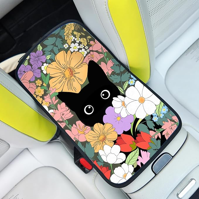 Black Cat Auto Center Console Pad,Soft Waterproof Car Center Console Cover Auto Armrest Seat Box Cover Protector for Most Vehicle SUV Truck Car