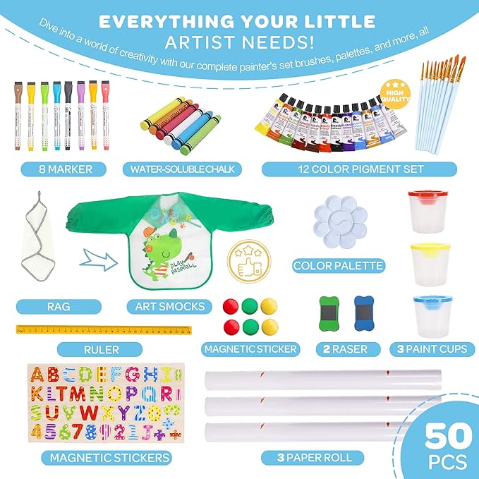 3 in 1 Adjustable Kids Art Drawing Easel Set-Sided Magnetic Whiteboard & Chalkboard with Painting Paper Roll - Versatile Art Station Gift for Toddlers, Kids and Childrens Ages 3+