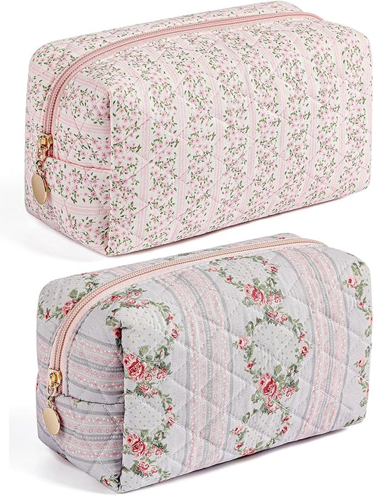 HHQQWZ Makeup Bag Travel Cosmetic Bag for Women Girls, Zipper Make Up Pouch, Floral Flowers Toiletry Organizer Makeup, Portable Storage Bag, Cosmetic Travel Cloth Bag (Pink+Blue)