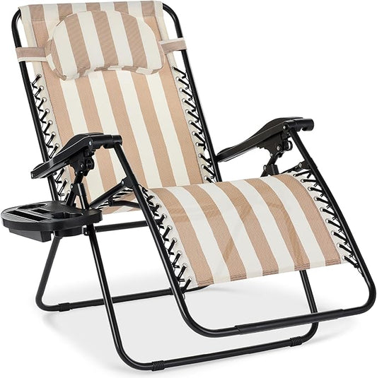 Best Choice Products Oversized Zero Gravity Chair, Folding Outdoor Patio Lounge Recliner w/Cup Holder Accessory Tray, Pillow - Tan Striped
