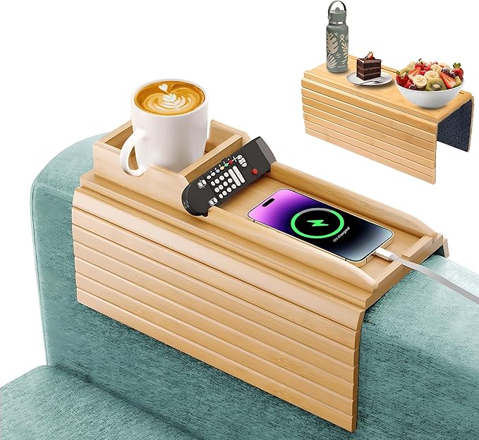 Adjustable Bamboo Couch Cup Holder (Fits 4.5” to 14” Arms) - Foldable Non-Slip Bamboo Sofa Armrest Tray - Detachable Sofa Arm Tray Couch Caddy with Cup Holder for Drinks, Phone, Remote, Snacks