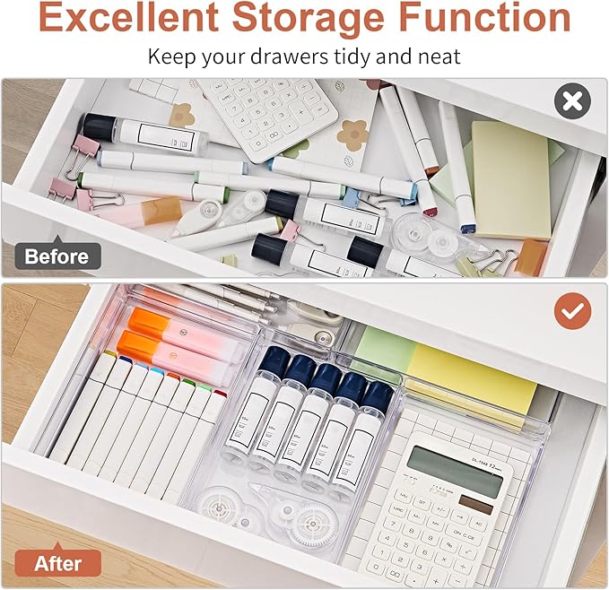 SMARTAKE 6 PCS Clear Plastic Drawer Organizers Set, Large Size Non-Slip Desk Drawer Organizer, Versatile Bathroom and Vanity Drawer Organizer Trays for Makeup, Bedroom, Office, Kitchen Utensils