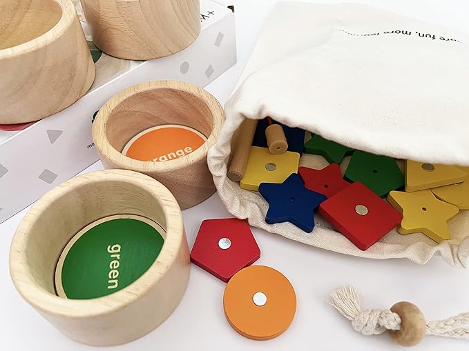 Dailyfunn Montessori Toy Wooden Sorting Cup&Fishing Game 2-in-1 Colors Shapes Sorting Matching Learning Toys for Toddlers 1-3 Year Old