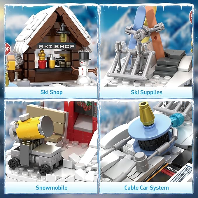 Winter Ski Resort Building Block, City Ski and Climbing Center Building Block with Ski Shop and Snowmobile, Ski Slope Block for Winter Sports Play, Fun Gift Idea for Kids and Ski Fans, 2200Pcs