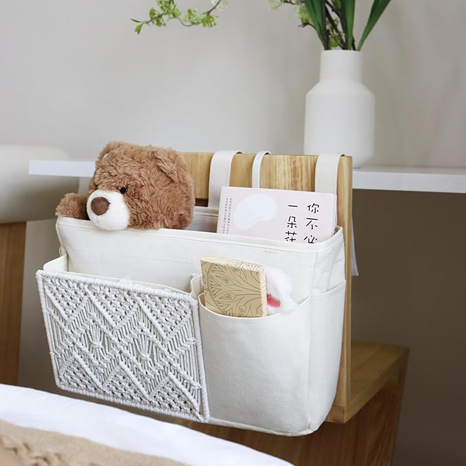 GYASVWU Boho Hanging Bedside Caddy Organizer, Macrame Bedside Pocket, Bunk Bed Organizer for Dorm Room , Baby Bed Rails, Magazine Storage, Toy Storage (White)