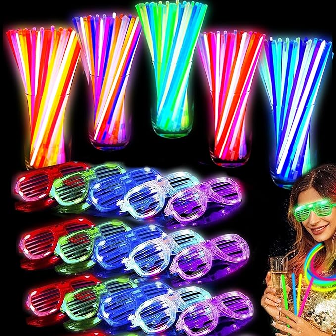 125 Pack Glow in the Dark Party Supplies with 100 Glow Sticks Bracelets and 25 Shutter Shades Flashing Glasses, LED Light Up Toys Neon Party Favors for Kid/Adult Birthday Wedding Carnival Concerts