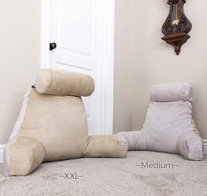 Husband Pillow Medium Baby Golden Wolf Fabulous Faux Fur Backrest, Two-Tone Reversible Double Sided Reading & Bed Rest Pillow with Arms & Neck Roll, Adjustable Memory Foam - Sit Up Extremely Comfy