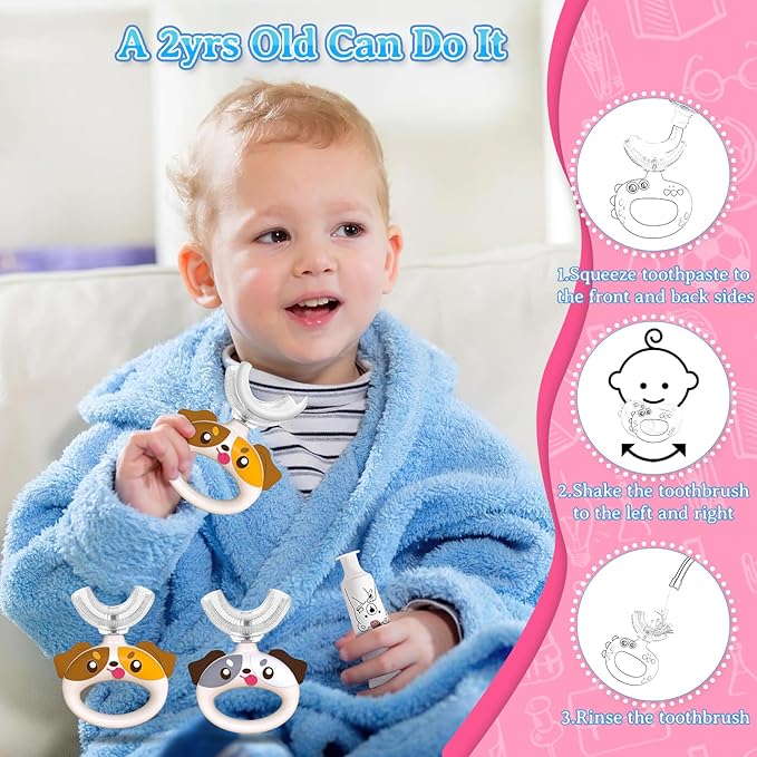 Toddler Toothbrush - U Shaped Cute Dog Toothbrush Kids with Food Grade Soft Silicone Brush, 360° Manual Oral Teeth Cleaning Design for Infant & Age 1 2 3 4, 2 PCS