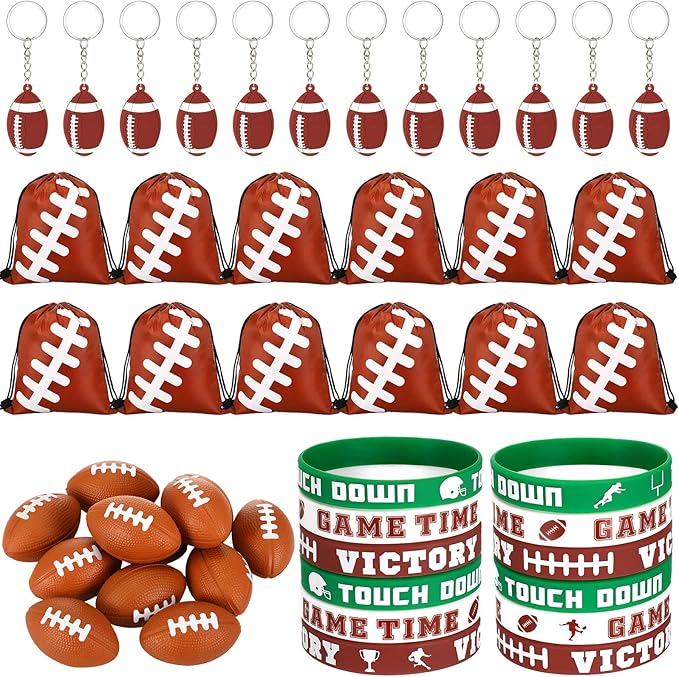 LEIFIDE 48 Pcs Basketball Soccer Football Baseball Party Favors Supplies 12 Silicone Bracelet 12 Drawstring Treat Bag 12 Mini Stress Ball 12 Keychains for Birthday Sports Party Supplies (Football)