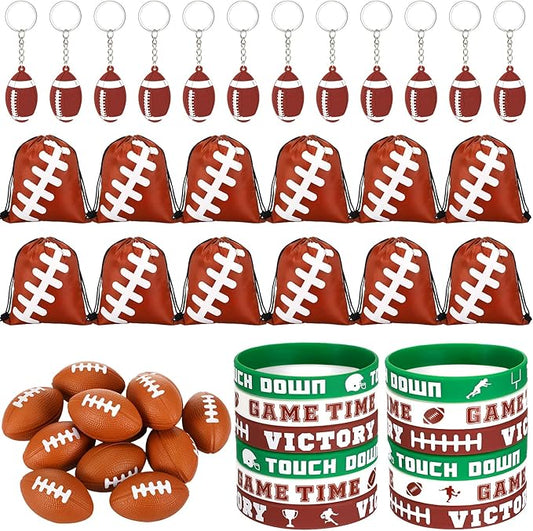 LEIFIDE 48 Pcs Basketball Soccer Football Baseball Party Favors Supplies 12 Silicone Bracelet 12 Drawstring Treat Bag 12 Mini Stress Ball 12 Keychains for Birthday Sports Party Supplies (Football)