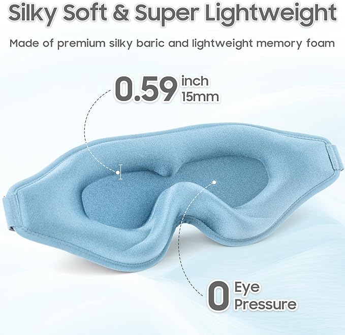 MOEASEii Sleep Mask - Total Blackout 3D Sleeping Mask, Super Lightweight & Silky Soft Eye Mask for Sleeping, Fully Adjustable Fit for Home, Office, Traveling, Meditation, Yoga, Light Blue
