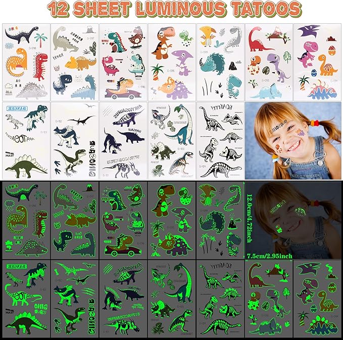 Golray 48Pcs Dinosaur Party Favors Dino Tote Non-woven Bags Dinosaur Keychain Slap Bracelets Glow In Dark Tattoos for Boy Kids Dinosaur Themed Birthday Party Supplies Treat Gift Goodie Bag Fillers