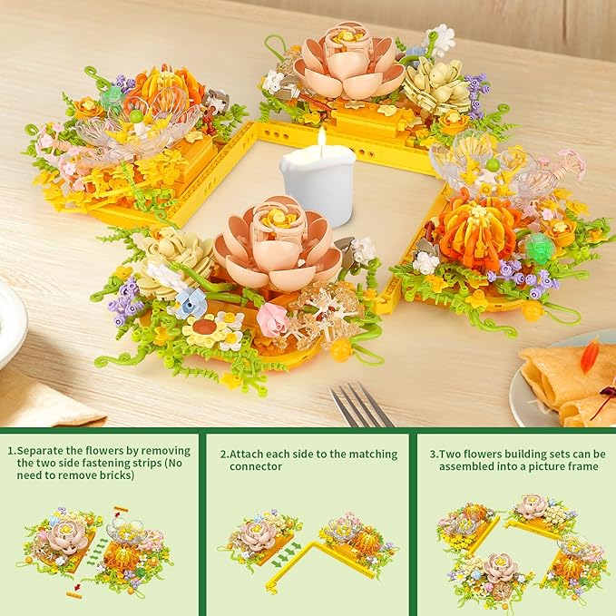 Flowers Building Set for Adults, 965 PCS Botanical Collection Table or Wall Home Decor, Compatible with Lego Flowers Plants, Ideas Gift for Mother's Day Birthday Anniversary