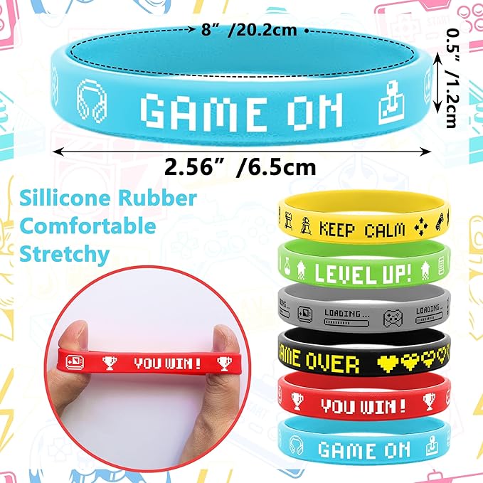 Lesnala 48 PCS Video Game Rubber Bracelet Gamer Silicone Wristband for Theme Party Supplies Decorations Kids Teenagers and Adults Birthday Present 6 Styles