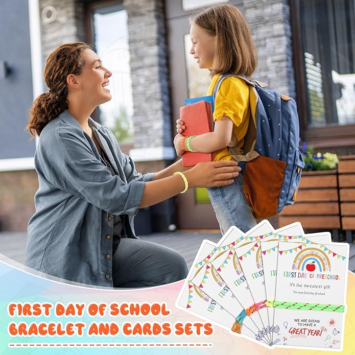 First Day of Preschool Gift for Students Bulk Back to School Party Favors Adjustable Bracelet with Card Sets Friendship Bracelets Neon Woven Rope Classroom Supplies Reward